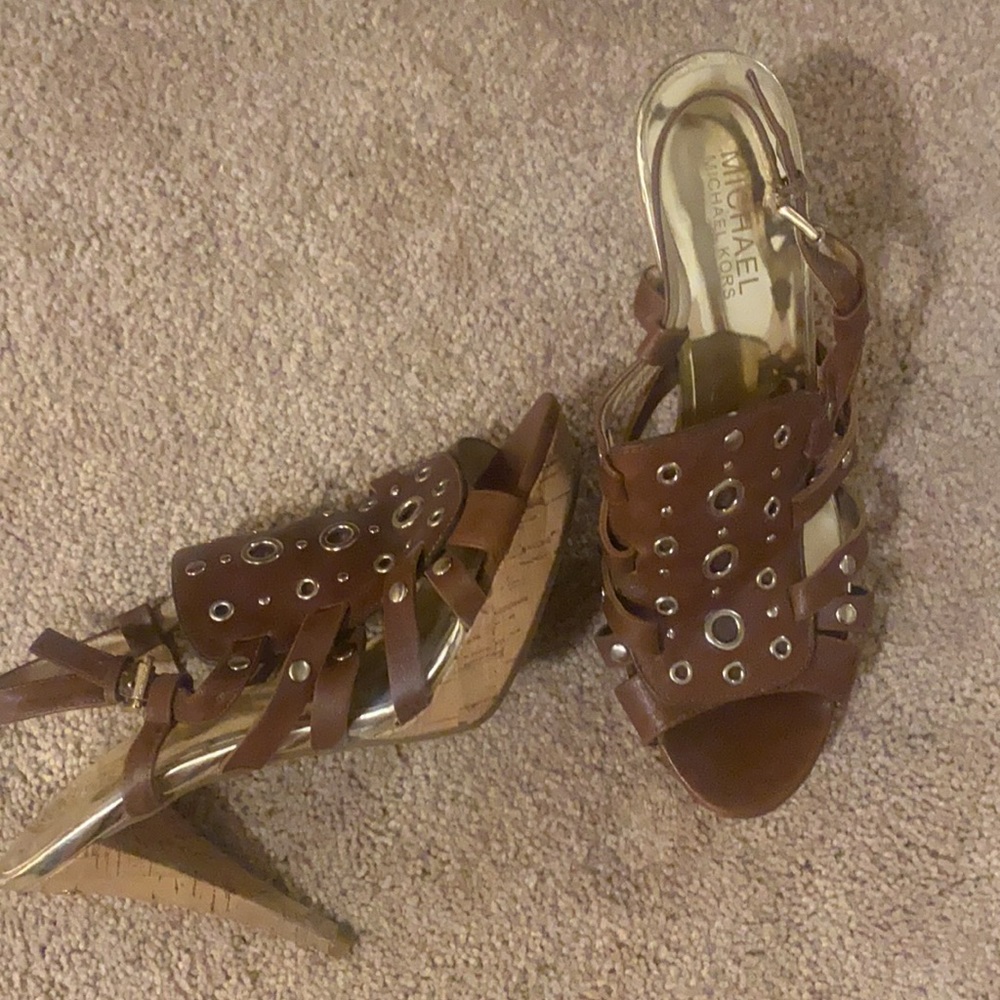 Michael Kors Brown Studded Sandal Cork Heels Sz8.5